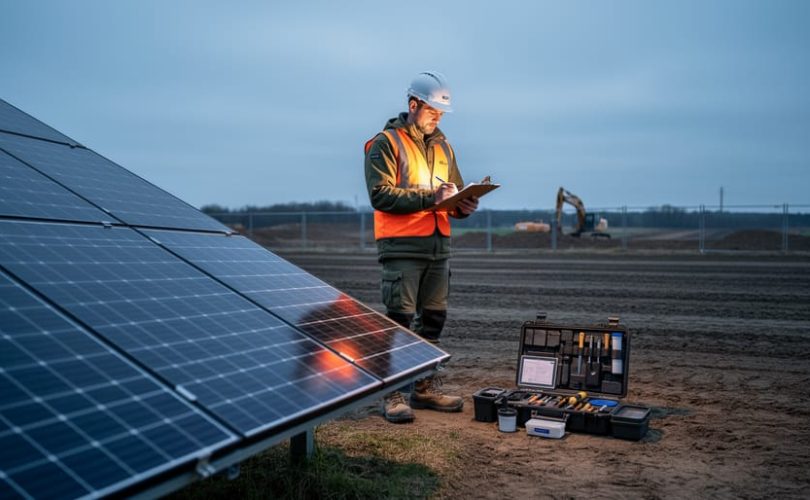 A technician stands beside soil sampling equipment near a solar panel array at an undeveloped site, suggesting environmental Phase I/Phase II assessment preparation.