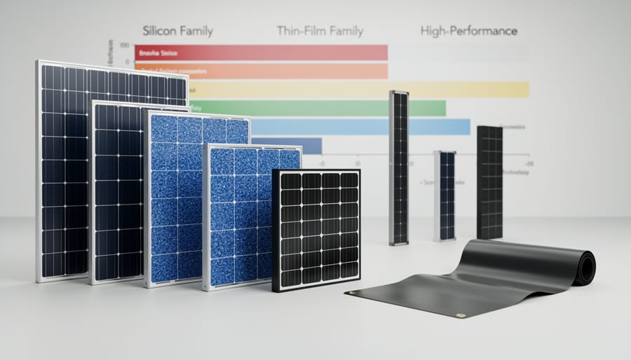 Technician’s worktable displaying multiple photovoltaic module types in separate sections