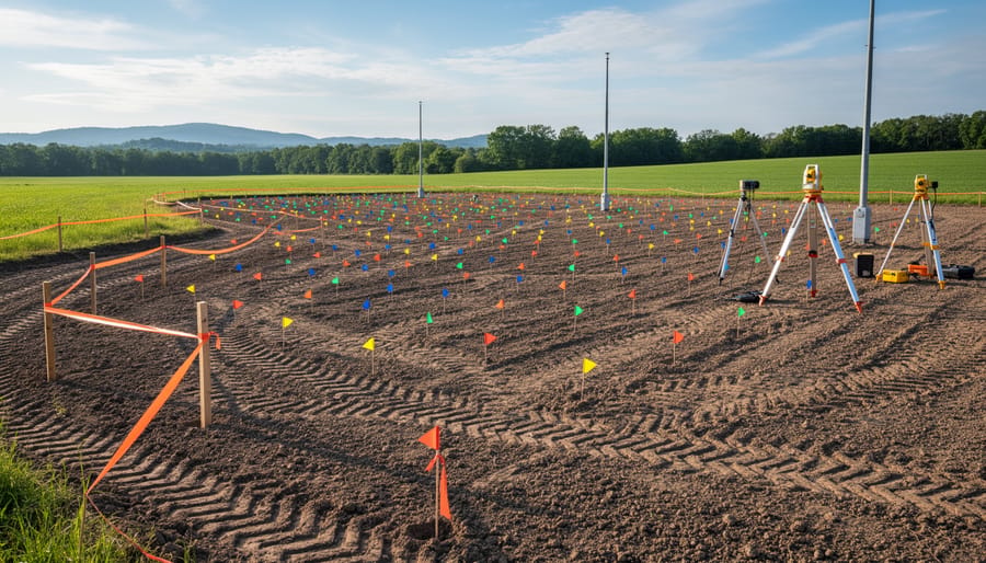 Aerial view of solar installation site with survey flags and partially installed racking