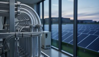Cryogenic cooling infrastructure from a quantum computing facility in the foreground beside solar photovoltaic panels outdoors at dusk.
