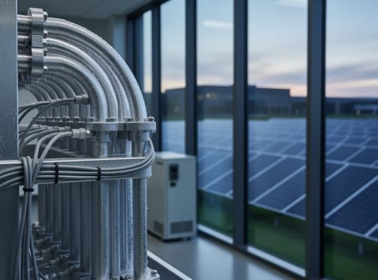 Cryogenic cooling infrastructure from a quantum computing facility in the foreground beside solar photovoltaic panels outdoors at dusk.