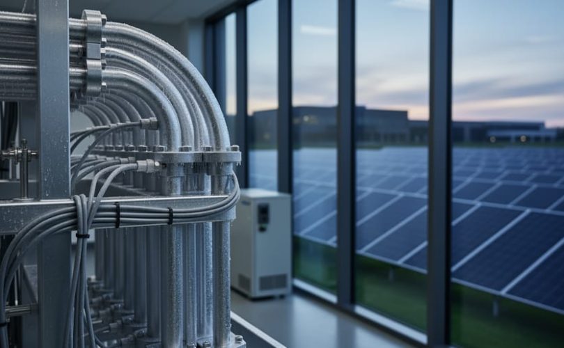Cryogenic cooling infrastructure from a quantum computing facility in the foreground beside solar photovoltaic panels outdoors at dusk.