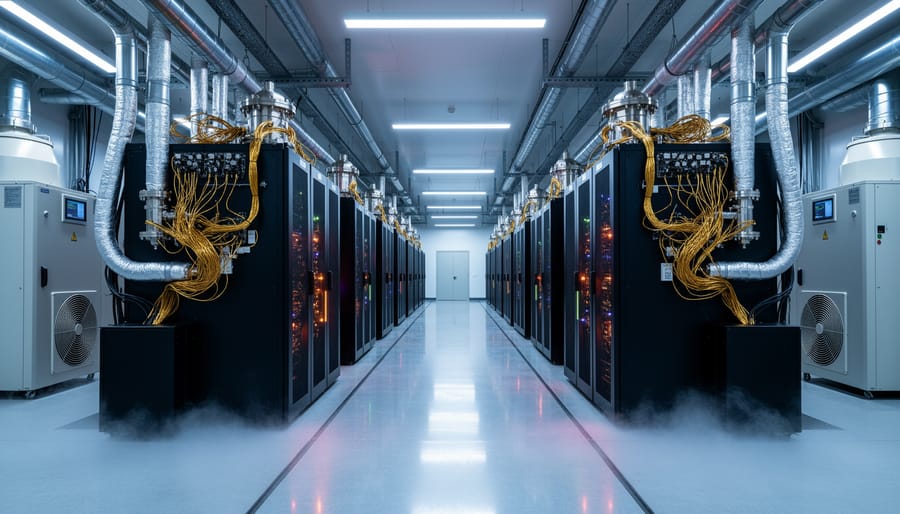 Technician near insulated quantum computing cryogenic hardware with cold metal components in an equipment room.