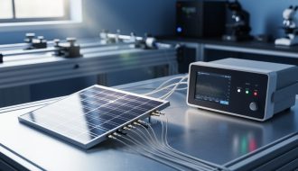 A laboratory solar cell on a bench with connected measurement equipment, illuminated by soft light to suggest quantum efficiency testing.