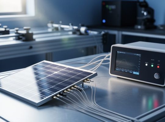 A laboratory solar cell on a bench with connected measurement equipment, illuminated by soft light to suggest quantum efficiency testing.