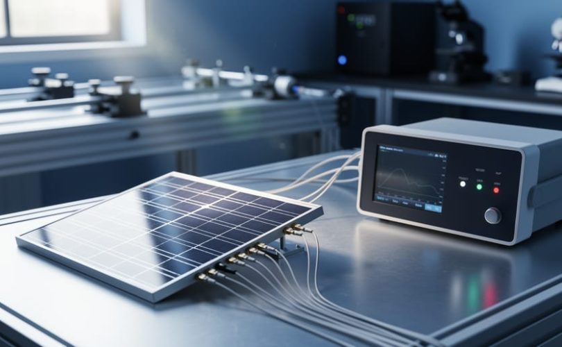 A laboratory solar cell on a bench with connected measurement equipment, illuminated by soft light to suggest quantum efficiency testing.