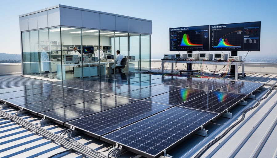 Solar panels on a rooftop with lab testing tools and a solar cell wafer in the foreground