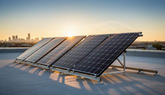 Rooftop solar panels on a building in warm golden-hour sunlight, showing realistic reflections and mounting hardware without any text or labels.