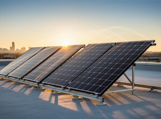 Rooftop solar panels on a building in warm golden-hour sunlight, showing realistic reflections and mounting hardware without any text or labels.