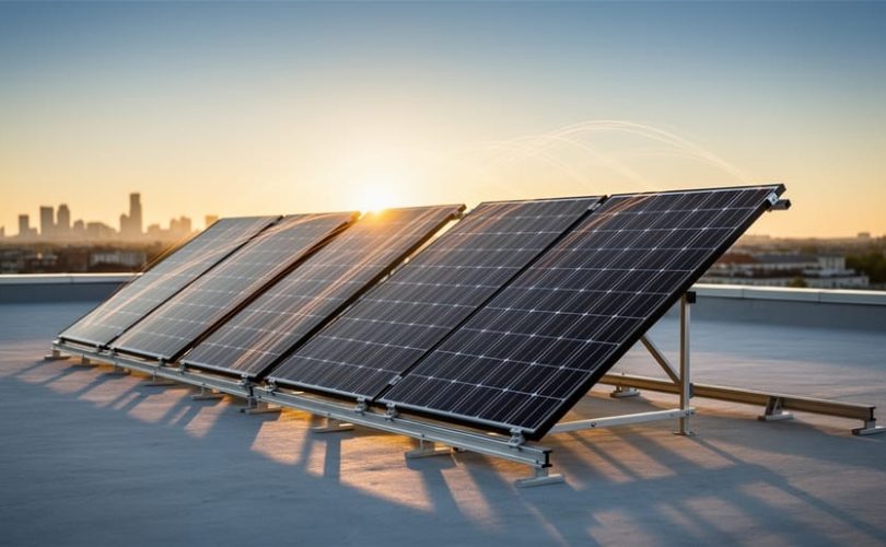 Rooftop solar panels on a building in warm golden-hour sunlight, showing realistic reflections and mounting hardware without any text or labels.
