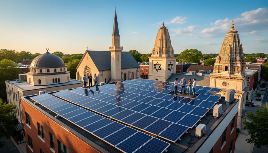 Rooftop solar panels on multiple houses of worship in golden-hour light.