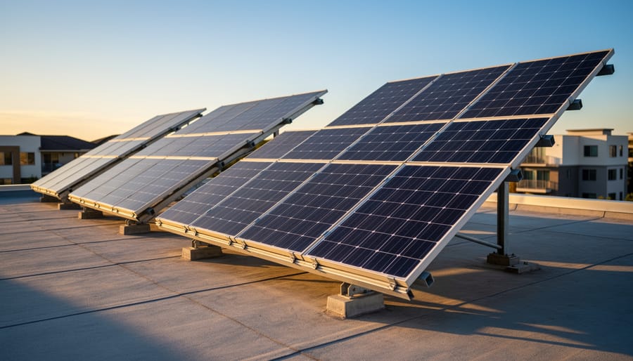Residential solar panels on a rooftop catching golden hour sunlight from the side.