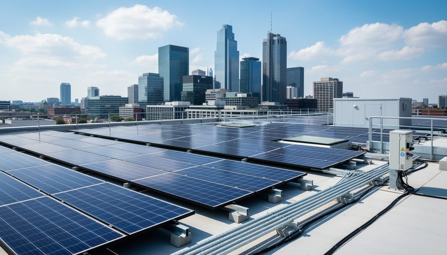 Solar panels installed on a modern rooftop under an overcast sky