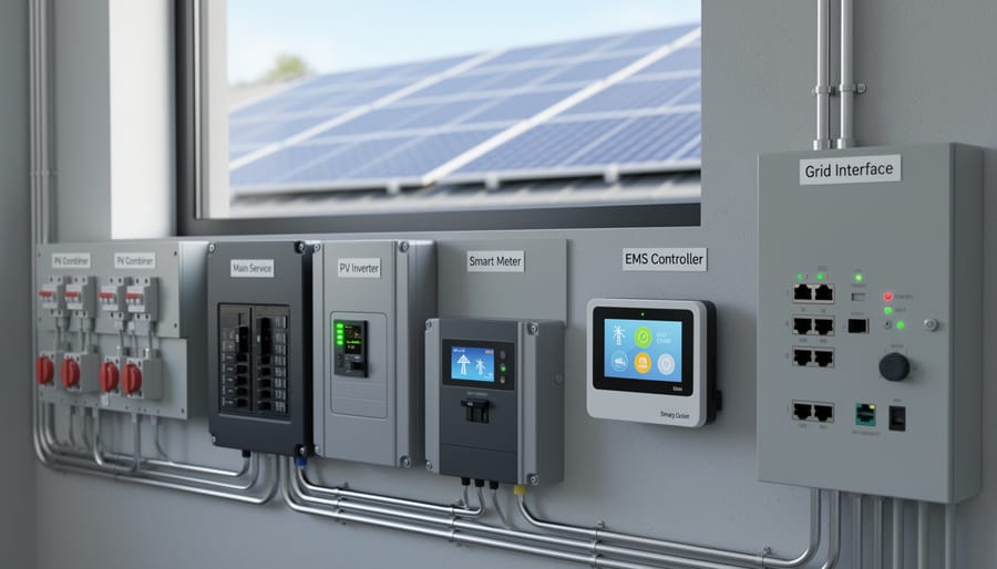 Smart inverter and electrical components connected to solar power equipment inside a residential utility area
