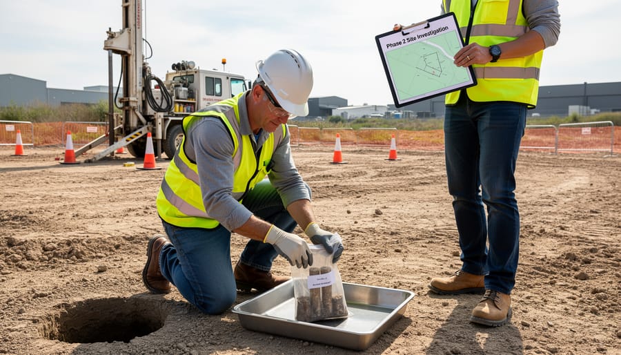 Environmental consultant kneeling to collect a soil sample near a solar project area