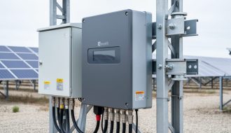 Close-up of solar balance-of-system equipment—an inverter, combiner box, cable connections, and mounting hardware—installed in a solar power plant.