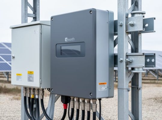 Close-up of solar balance-of-system equipment—an inverter, combiner box, cable connections, and mounting hardware—installed in a solar power plant.