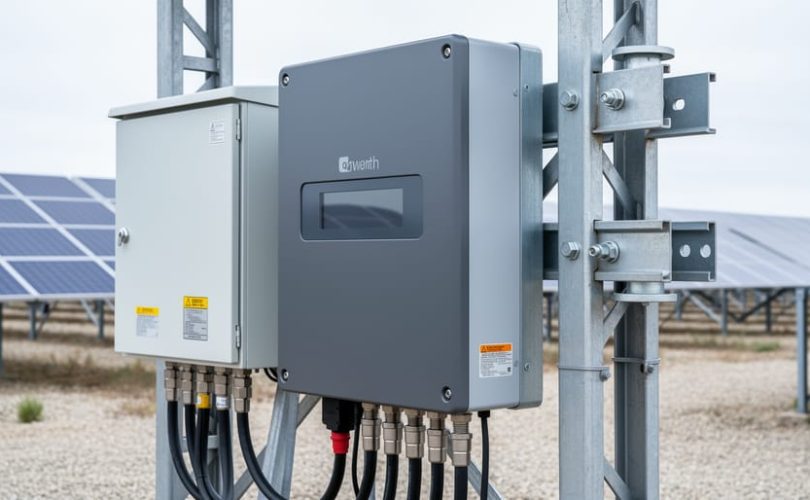 Close-up of solar balance-of-system equipment—an inverter, combiner box, cable connections, and mounting hardware—installed in a solar power plant.