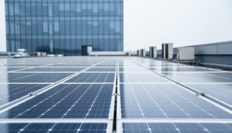 Solar photovoltaic panels installed on a commercial building rooftop, shown in bright daylight.