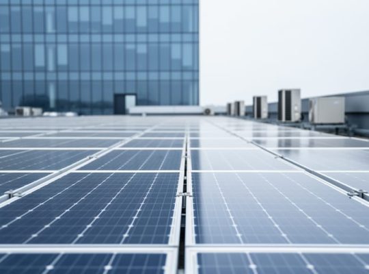 Solar photovoltaic panels installed on a commercial building rooftop, shown in bright daylight.