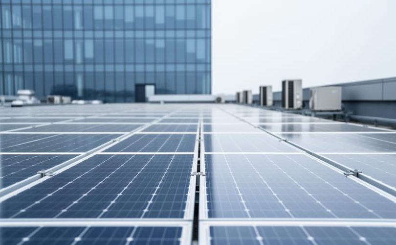 Solar photovoltaic panels installed on a commercial building rooftop, shown in bright daylight.