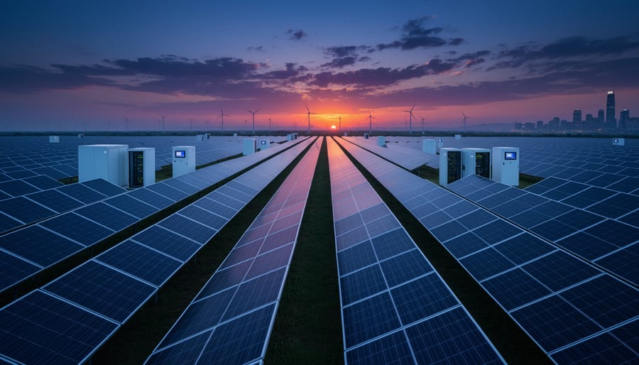 Solar panels at a solar farm during blue hour with wind turbines in the distant background.