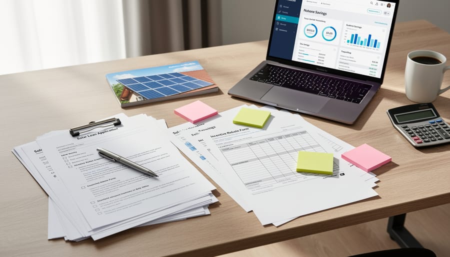 Utility bill and property documents laid out next to a laptop on a desk