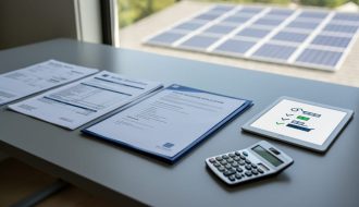 Utility bills and property documents laid out on a desk next to solar incentive application folders and a tablet with a checklist icon.