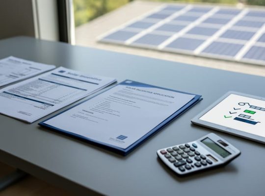 Utility bills and property documents laid out on a desk next to solar incentive application folders and a tablet with a checklist icon.