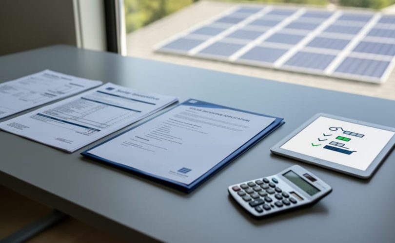 Utility bills and property documents laid out on a desk next to solar incentive application folders and a tablet with a checklist icon.