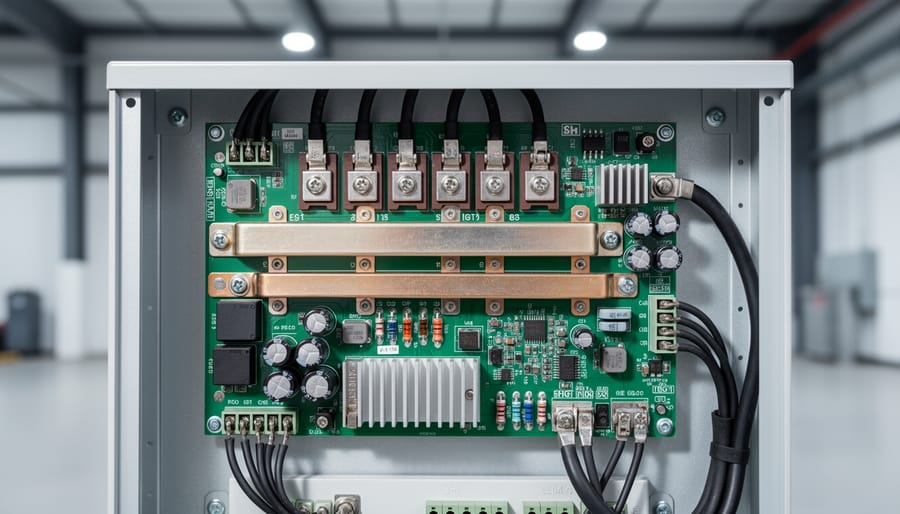 Close-up of visible components inside a solar inverter enclosure