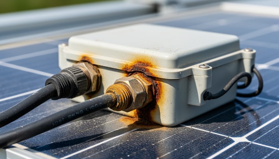 Close-up view of a solar panel junction box with visible corrosion around the wiring entry