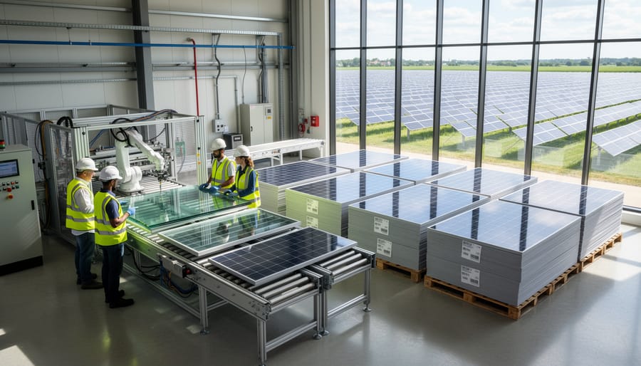 Solar panels in the foreground with a manufacturing facility in the background under warm late-afternoon light.