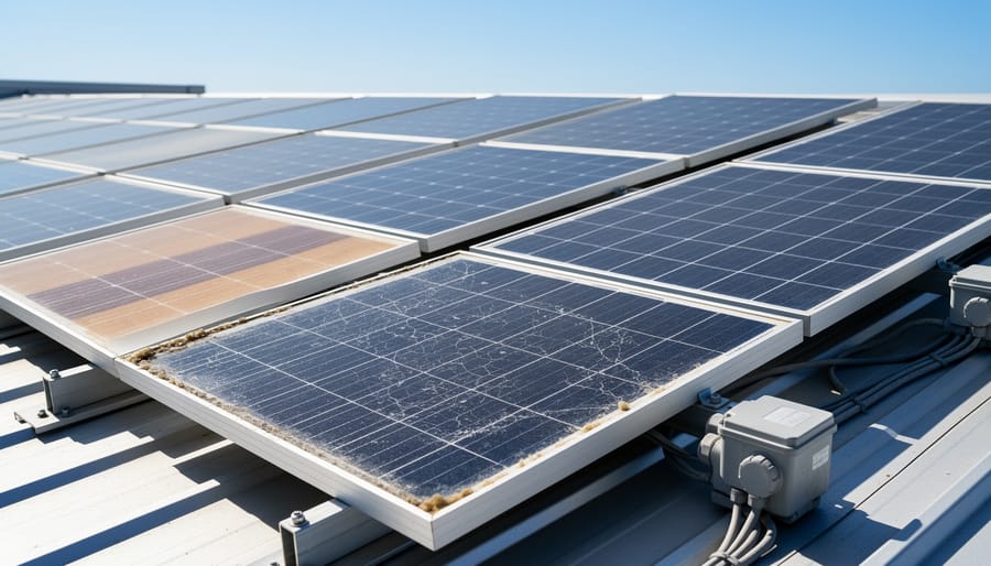 Solar panel module showing subtle surface discoloration and microcracks that may indicate a defect.