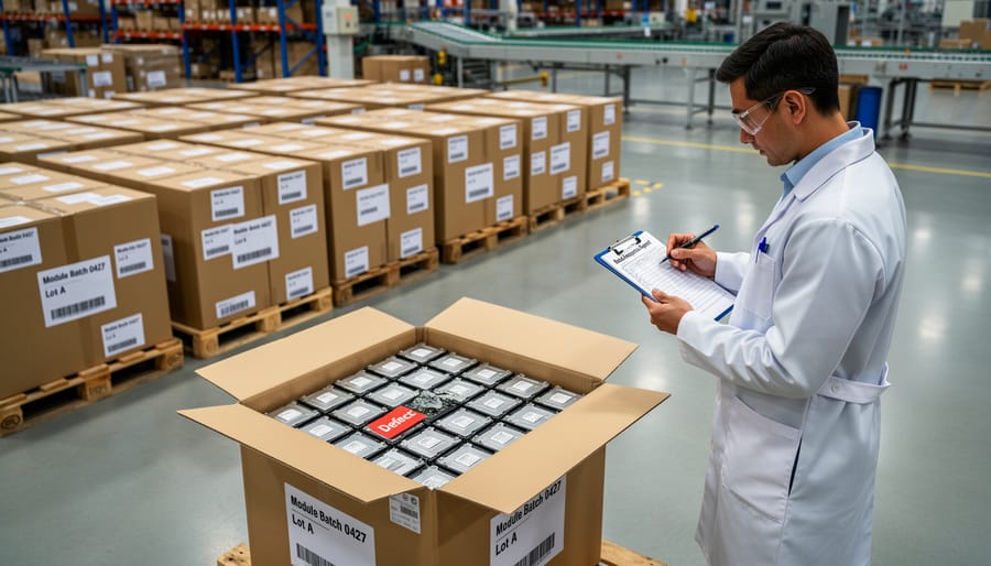Solar PV modules stacked on pallets in a warehouse with protective wrapping.
