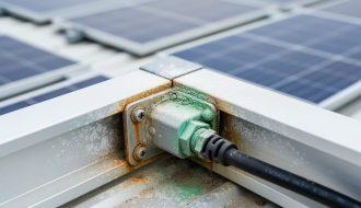 Close-up of a solar panel frame and junction box corner with visible corrosion, including white deposits along the aluminum edge and green oxidation near the electrical connection.
