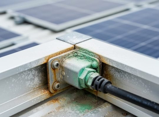 Close-up of a solar panel frame and junction box corner with visible corrosion, including white deposits along the aluminum edge and green oxidation near the electrical connection.