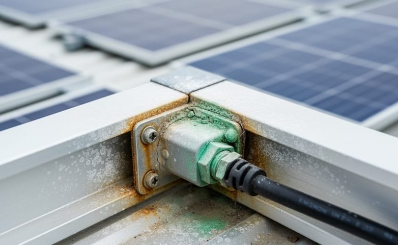 Close-up of a solar panel frame and junction box corner with visible corrosion, including white deposits along the aluminum edge and green oxidation near the electrical connection.