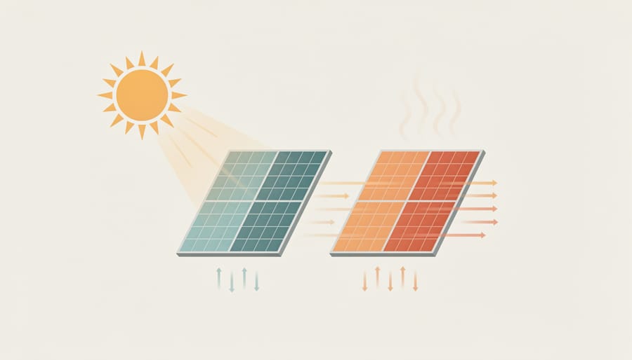 Close-up view of a solar panel surface showing sunlit glare and subtle heat haze.