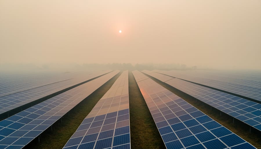 Solar panels at a ground-mounted array under wildfire smoke haze with reduced contrast in the atmosphere.