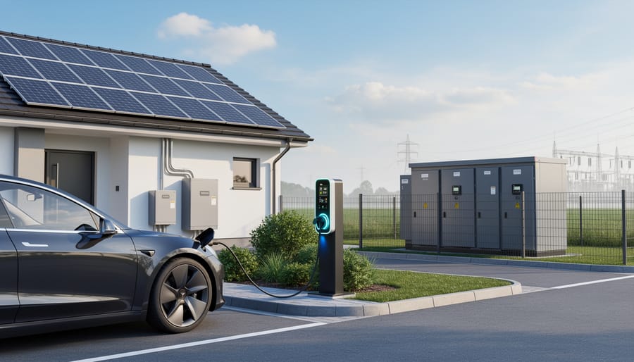 Electric vehicle charging at a solar-powered station with nearby battery storage cabinet