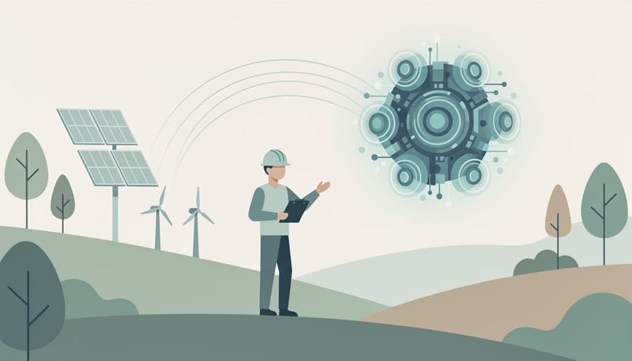 Solar panel worker outdoors looking toward a distant modern facility silhouette near trees.