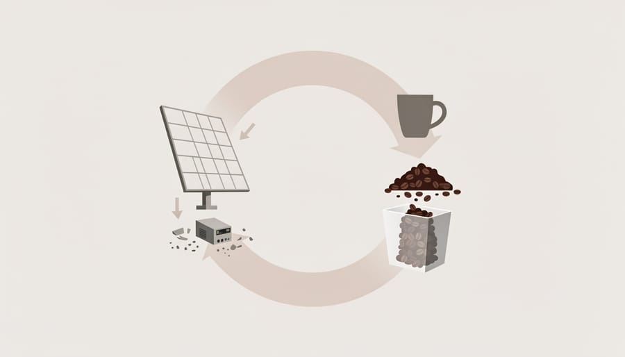 Solar PV glass fragments and components placed next to coffee-related natural elements to suggest circular recycling connections.