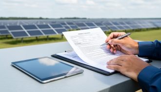 Hands reviewing solar land feasibility documents and title/easement papers next to a utility-scale solar panel array in the background.