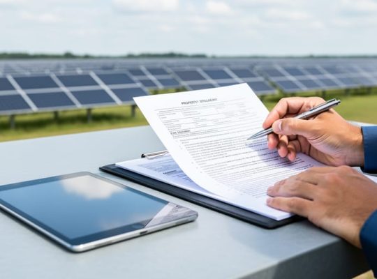 Hands reviewing solar land feasibility documents and title/easement papers next to a utility-scale solar panel array in the background.