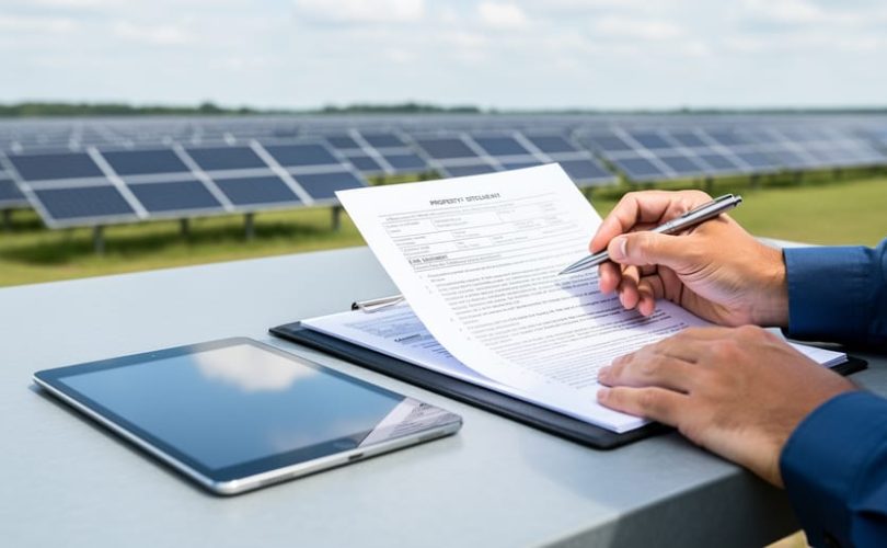 Hands reviewing solar land feasibility documents and title/easement papers next to a utility-scale solar panel array in the background.