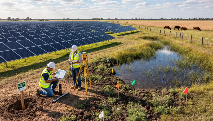 Solar PV panels installed on a site with mixed ground conditions under daylight