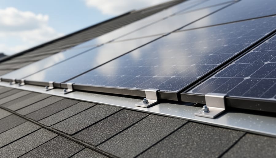 Close-up view of aligned integrated solar shingles on a residential roof