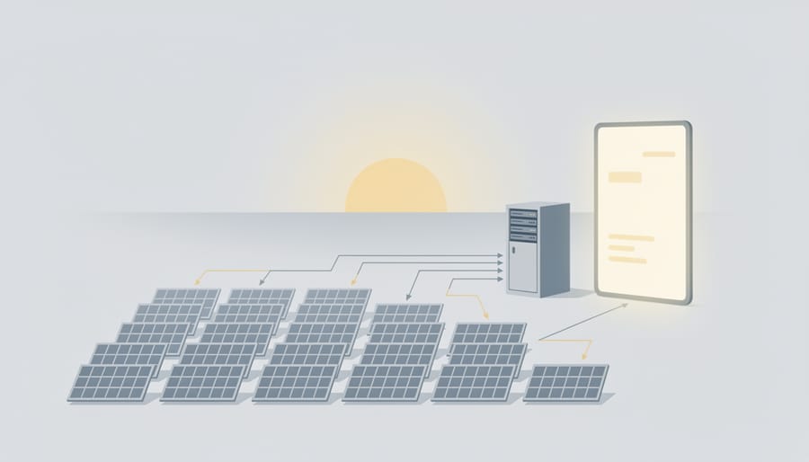 Sensor hardware mounted near solar panels on a utility-scale site under an overcast sky.
