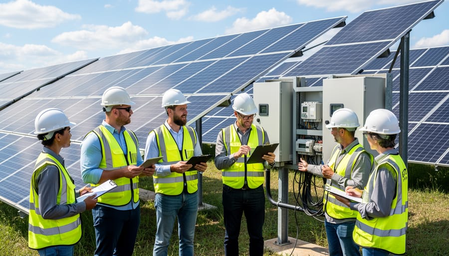 Two solar technicians inspecting equipment beside solar panels in a community solar field